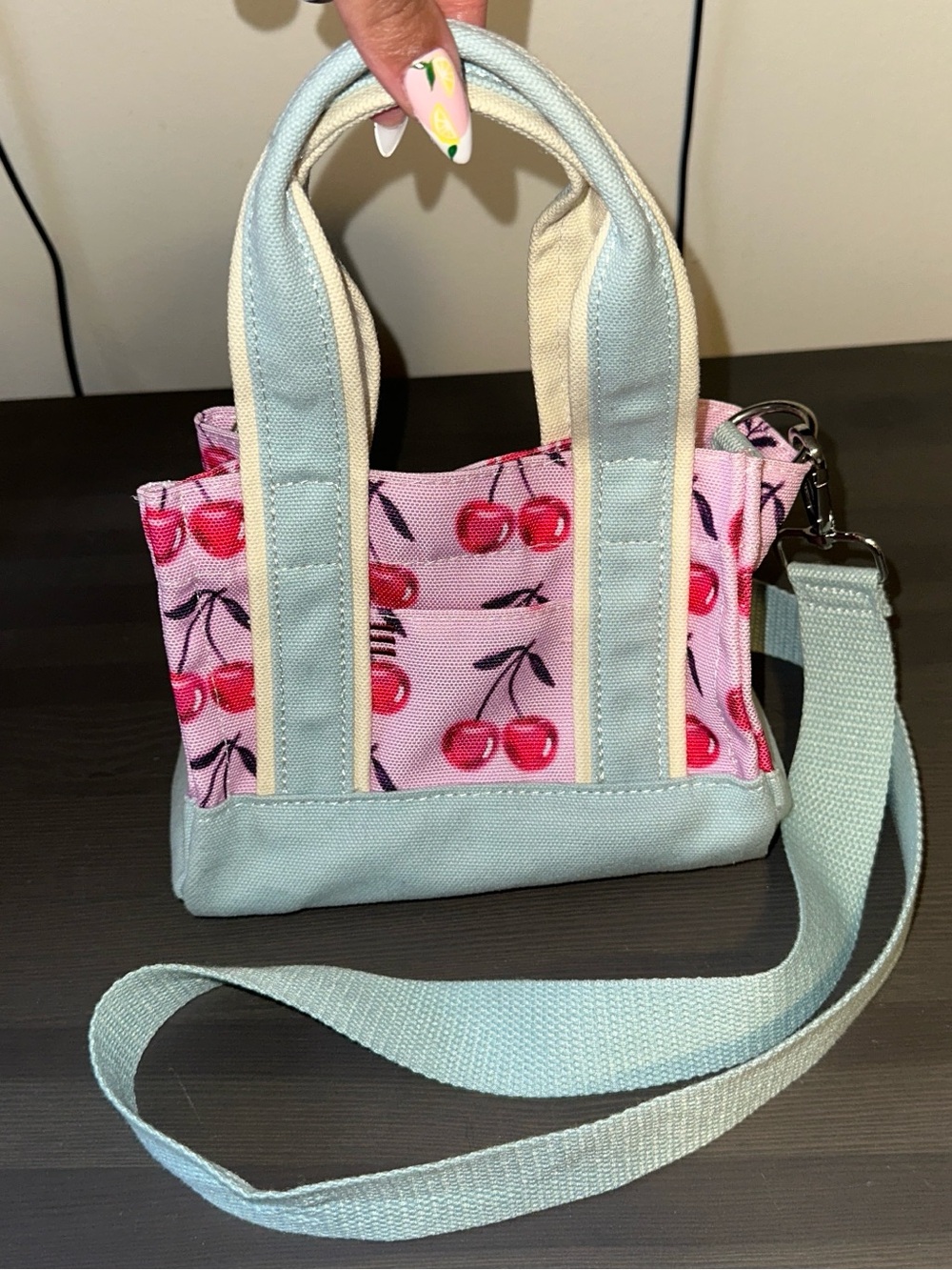 BDG Red Cherry Print Mini Blue Tote Bag